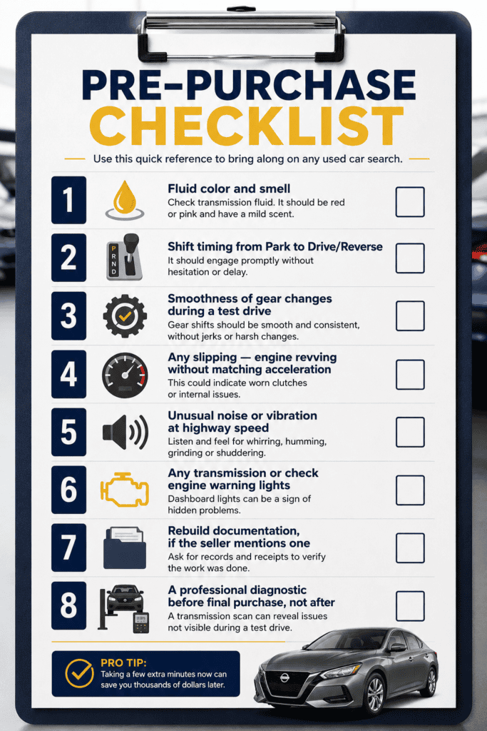 Clipboard-style poster titled 'Pre-Purchase Checklist' listing eight car inspection items with icons and checkboxes, plus a car image at the bottom right.